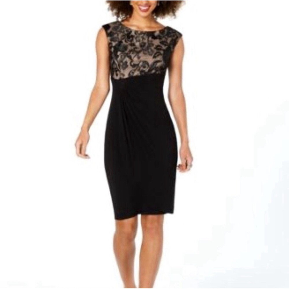 Connected Apparel Women's Applique Lace Ruched Black Dress Size 10 Petite